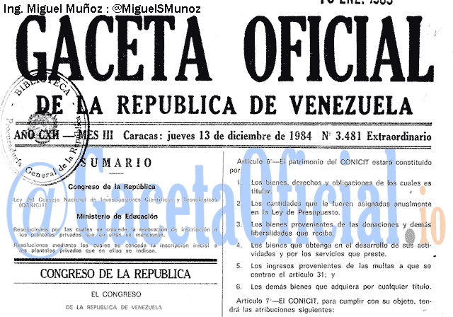 Gaceta Oficial 3481 del 13 Diciembre 1984