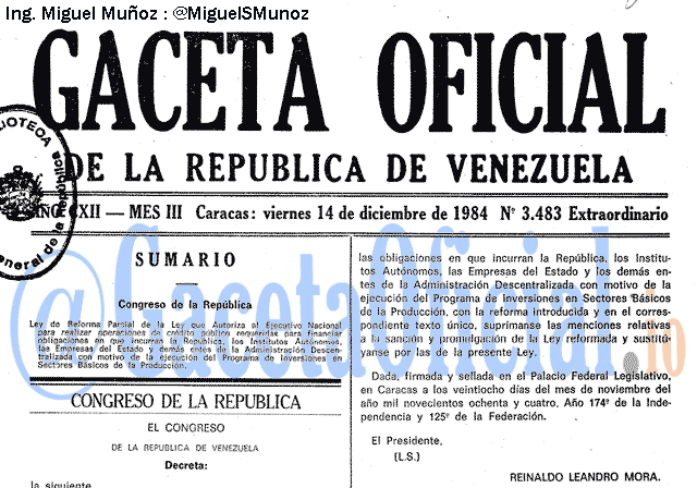 Gaceta Oficial 3483 del 14 Diciembre 1984