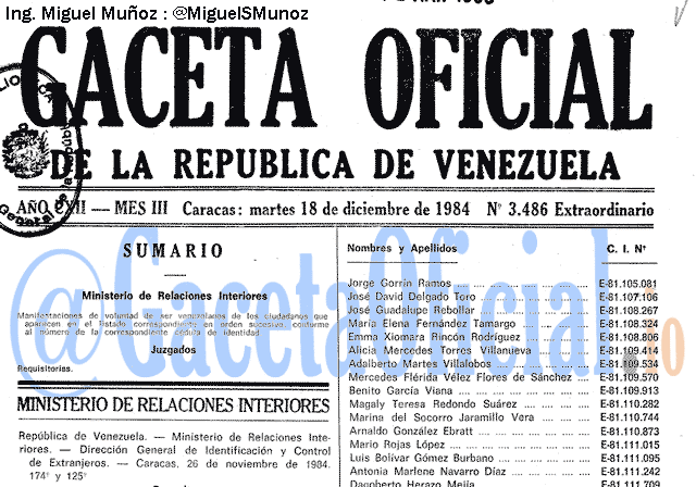 Gaceta Oficial 3486 del 18 Diciembre 1984