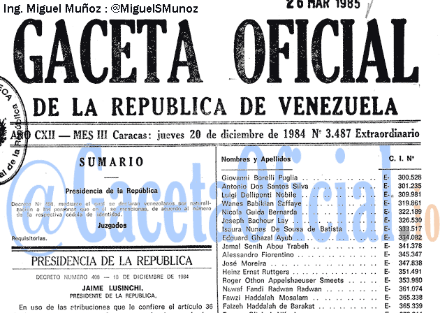 Gaceta Oficial 3487 del 20 Diciembre 1984