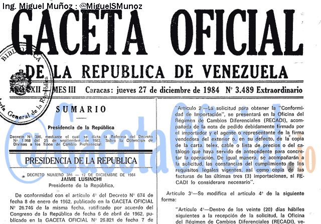 Gaceta Oficial 3489 del 27 Diciembre 1984