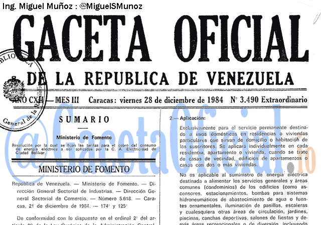 Gaceta Oficial 3490 del 28 Noviembre 1984