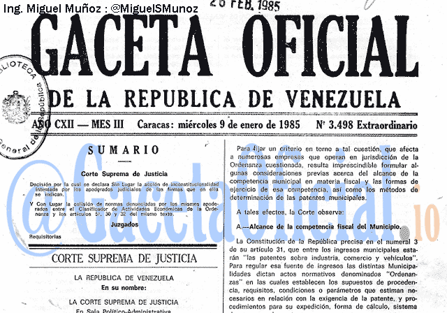 Gaceta Oficial 3498 del 9 Enero 1985