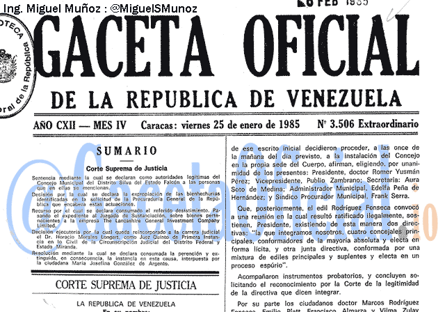 Gaceta Oficial 3506 del 25 Enero 1985
