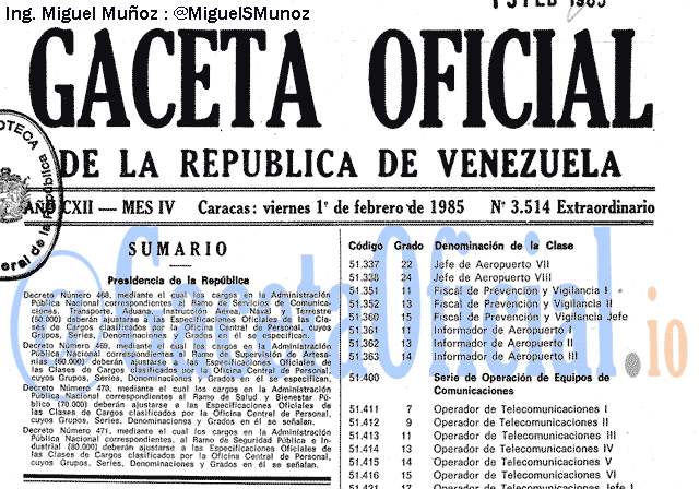 Gaceta Oficial 3514 del 1 Febrero 1985