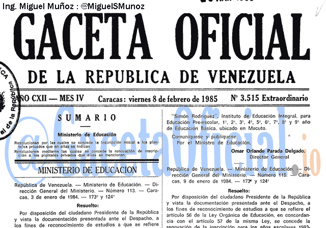 Gaceta Oficial 3515 del 8 Febrero 1985