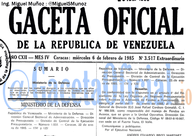 Gaceta Oficial 3517 del 6 Febrero 1985
