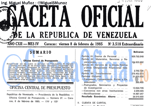 Gaceta Oficial 3518 del 8 Febrero 1985