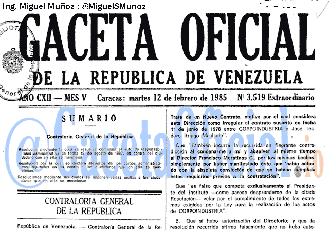 Gaceta Oficial 3519 del 12 Febrero 1985