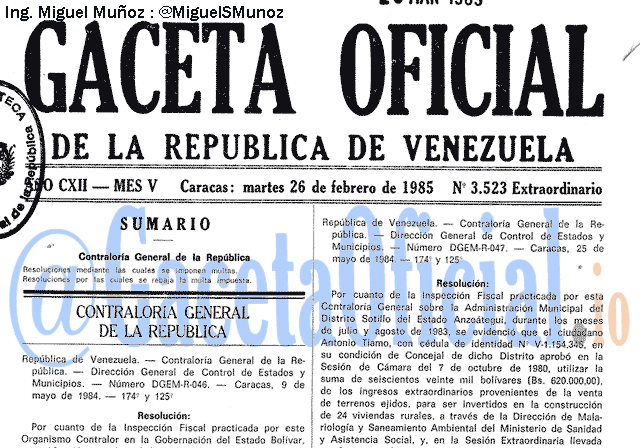 Gaceta Oficial 3523 del 26 Febrero 1985