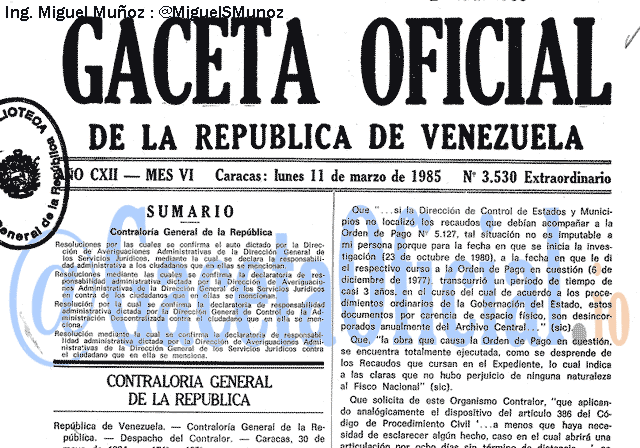 Gaceta Oficial 3530 del 11 Marzo 1985
