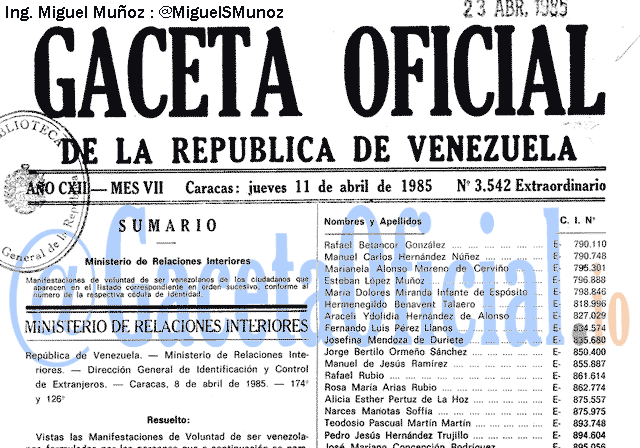 Gaceta Oficial 3542 del 11 Abril 1985