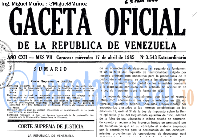 Gaceta Oficial 3543 del 17 Abril 1985