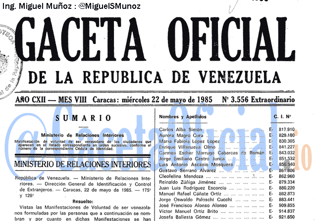 Gaceta Oficial 3556 del 22 Mayo 1985