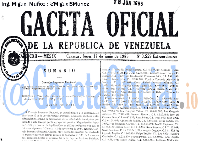Gaceta Oficial 3559 del 17 Junio 1985