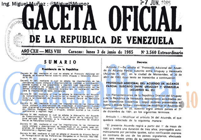 Gaceta Oficial 3560 del 3 Junio 1985