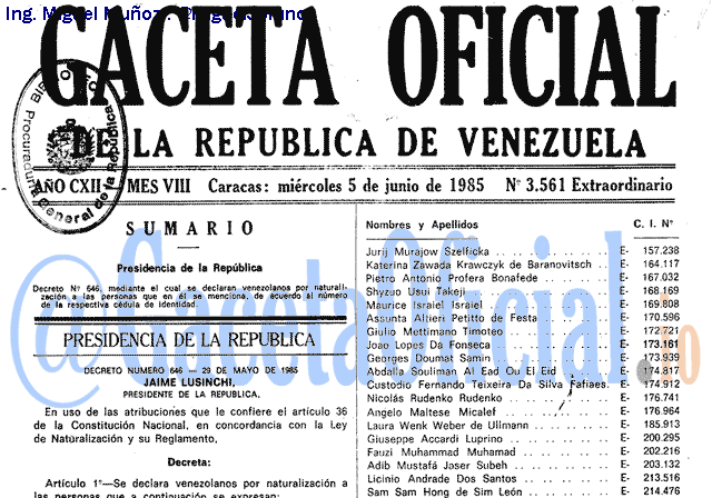 Gaceta Oficial 3561 del 5 Junio 1985