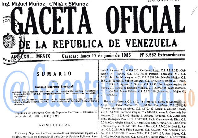 Gaceta Oficial 3562 del 17 Junio 1985