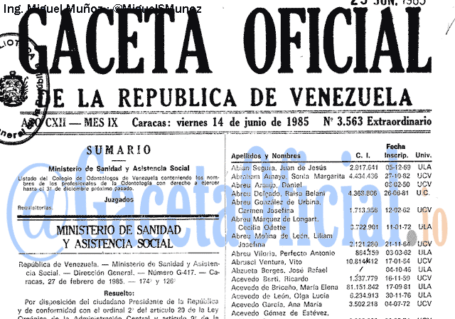 Gaceta Oficial 3563 del 14 Junio 1985