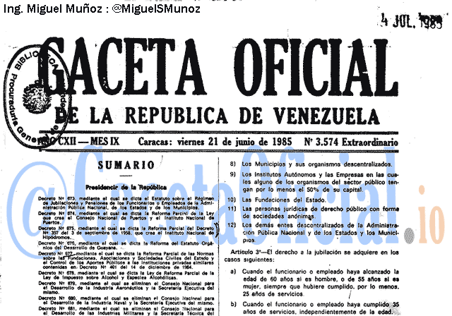 Gaceta Oficial 3574 del 21 Junio 1985