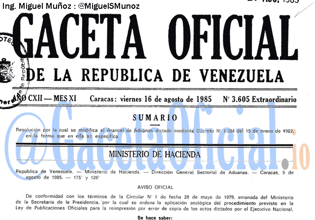 Gaceta Oficial 3605 del 16 Agosto 1985