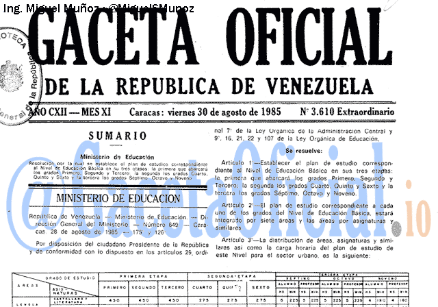 Gaceta Oficial 3610 del 30 Agosto 1985