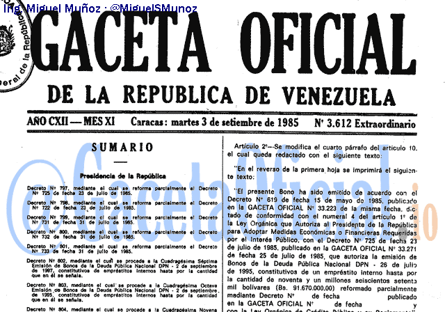Gaceta Oficial 3612 del 3 Septiembre 1985
