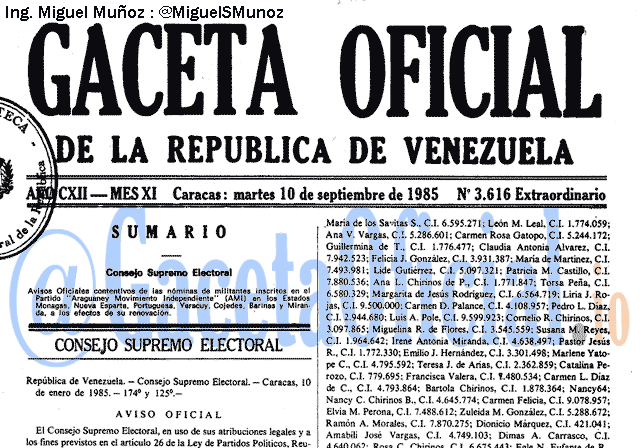 Gaceta Oficial 3616 del 10 Septiembre 1985