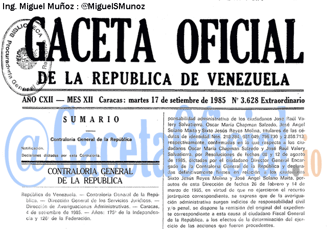 Gaceta Oficial 3628 del 17 Septiembre 1985