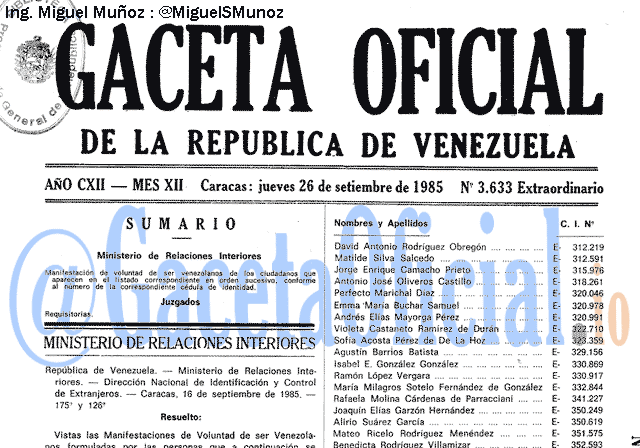 Gaceta Oficial 3633 del 26 Septiembre 1985