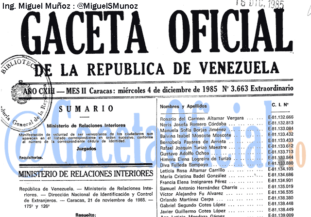 Gaceta Oficial 3663 del 4 Diciembre 1985