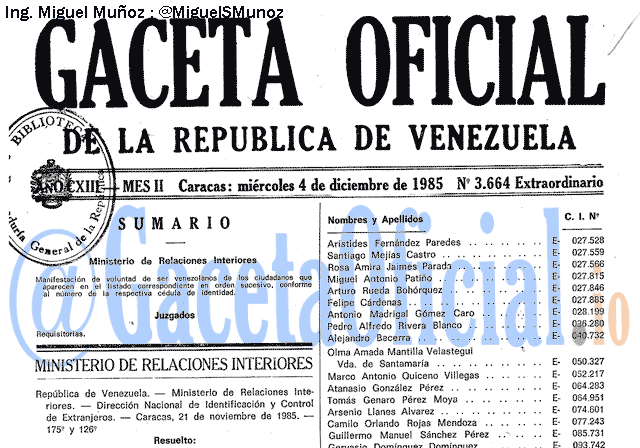 Gaceta Oficial 3664 del 4 Diciembre 1985