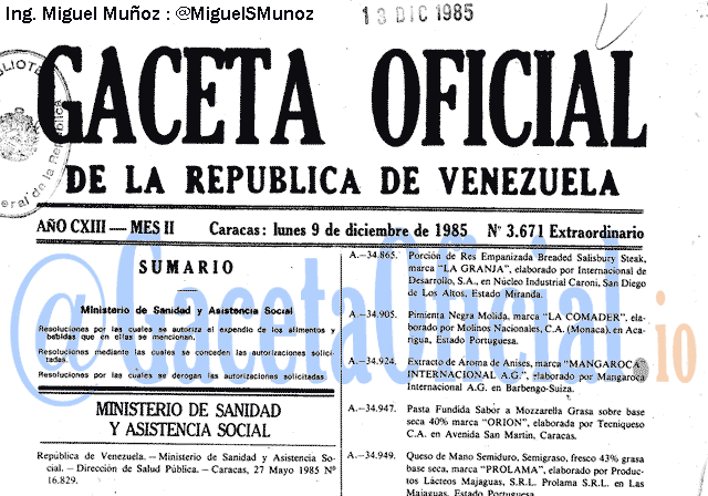 Gaceta Oficial 3671 del 9 Diciembre 1985