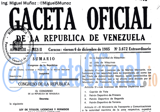 Gaceta Oficial 3672 del 6 Diciembre 1985