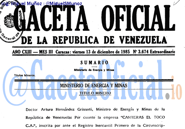 Gaceta Oficial 3674 del 13 Diciembre 1985