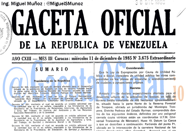 Gaceta Oficial 3675 del 11 Diciembre 1985