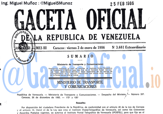 Gaceta Oficial 3681 del 3 Enero 1986