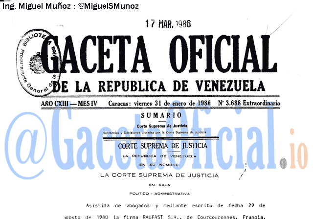 Gaceta Oficial 3688 del 31 Enero 1986