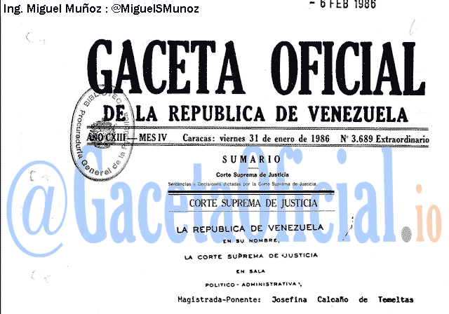 Gaceta Oficial 3689 del 31 Enero 1986