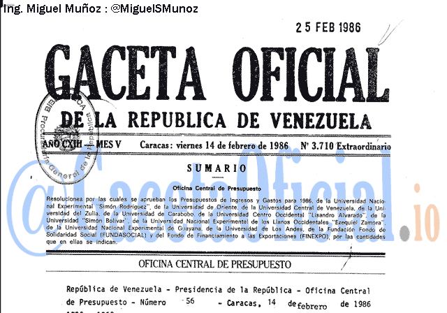 Gaceta Oficial 3710 del 14 Febrero 1986