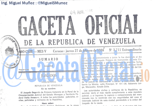 Gaceta Oficial 3711 del 27 Febrero 1986