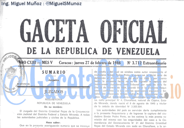Gaceta Oficial 3712 del 27 Febrero 1986