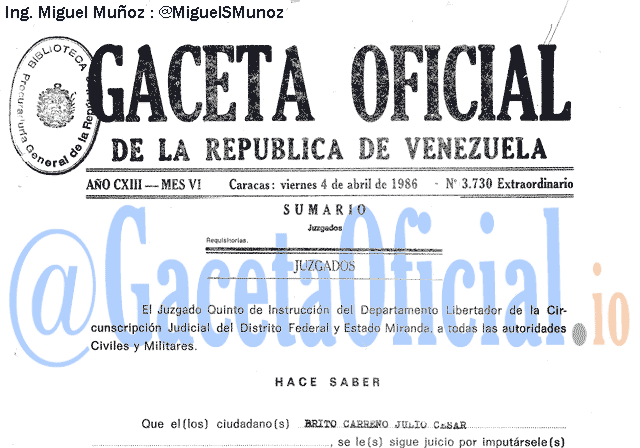 Gaceta Oficial 3730 del 4 Abril 1986