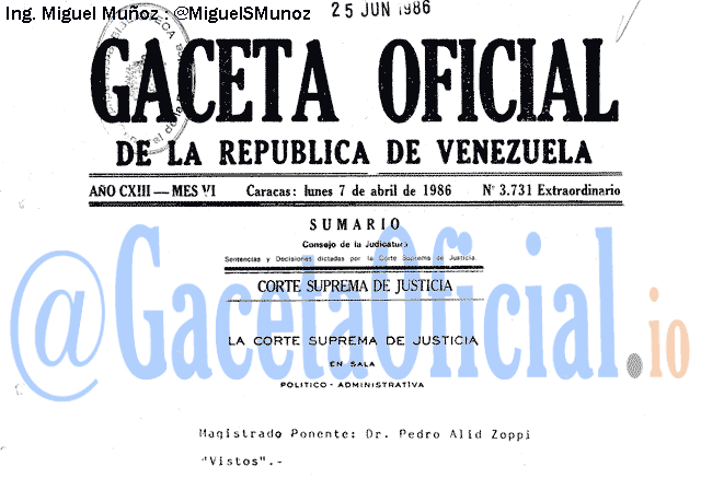 Gaceta Oficial 3731 del 7 Abril 1986