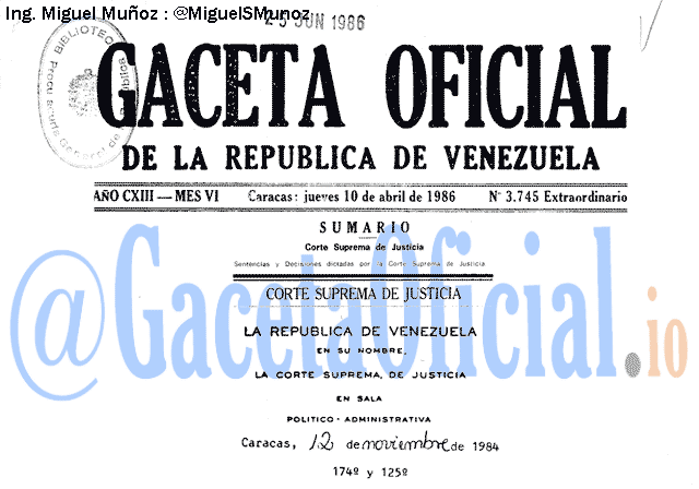 Gaceta Oficial 3745 del 10 Abril 1986