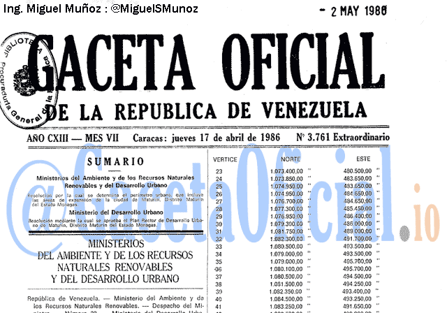 Gaceta Oficial 3761 del 17 Abril 1986