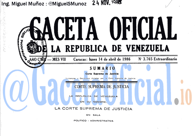 Gaceta Oficial 3765 del 14 Abril 1986
