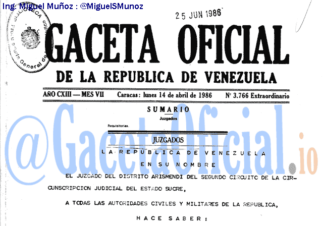 Gaceta Oficial 3766 del 14 Abril 1986