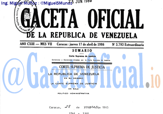 Gaceta Oficial 3793 del 17 Abril 1986