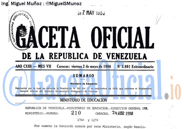 Gaceta Oficial 3801 del 2 Mayo 1986